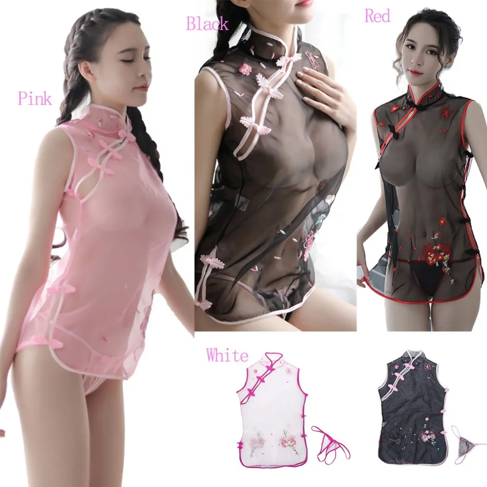 

2019 Lingerie Femme Sexy Erotique Lingerie Women See-through Embroidered Cheongsam Suit Uniform Tempts Adult Sexy Underwear