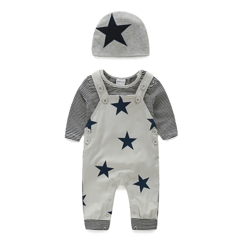 

Siyubebe Baby Boys Clothes Sets Infant Newborn Cotton Short Sleeve+Print Cartoon Stars Suspenders+Hat 3PCS Kids Baby Jumpsuits