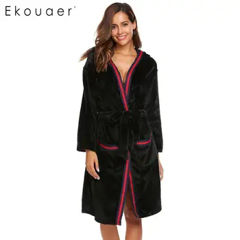

Ekouaer Sleepwear Robe Women Bathrobe Casual Long Sleeve Hooded Women Warm Winter Kimono Spa Bath Robes