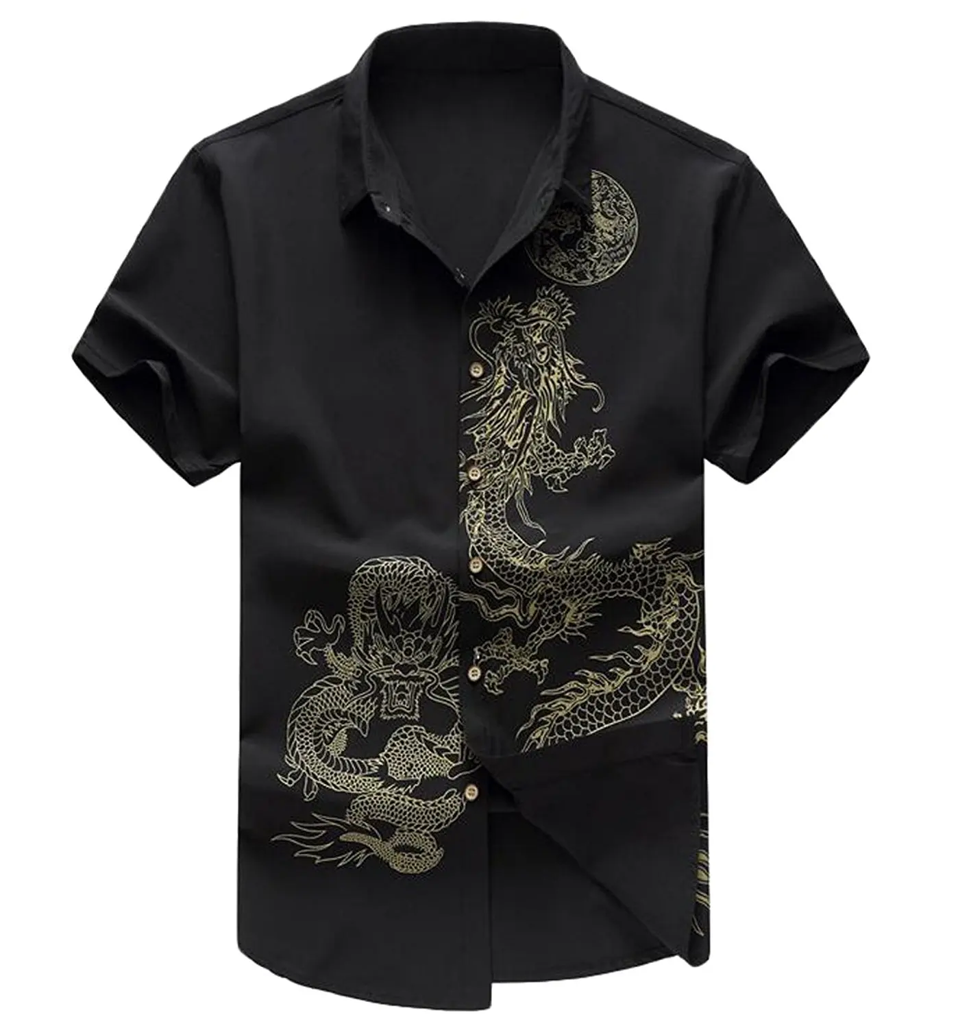 Abetteric Men's Stylish Dragon Print Short Sleeve Slim Button Up Shirt