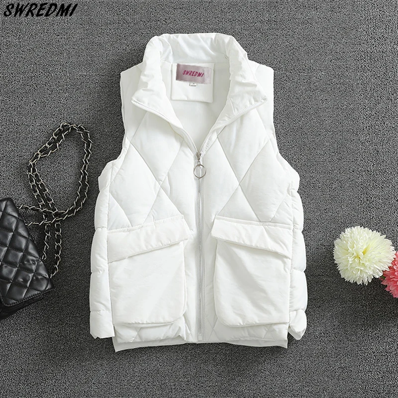 

SWREDMI Winter Cotton Vest Women Stand Collar Short Waistcoat White Sleeveless Jacket Coat Autumn Casual Gilet Female Loose Top