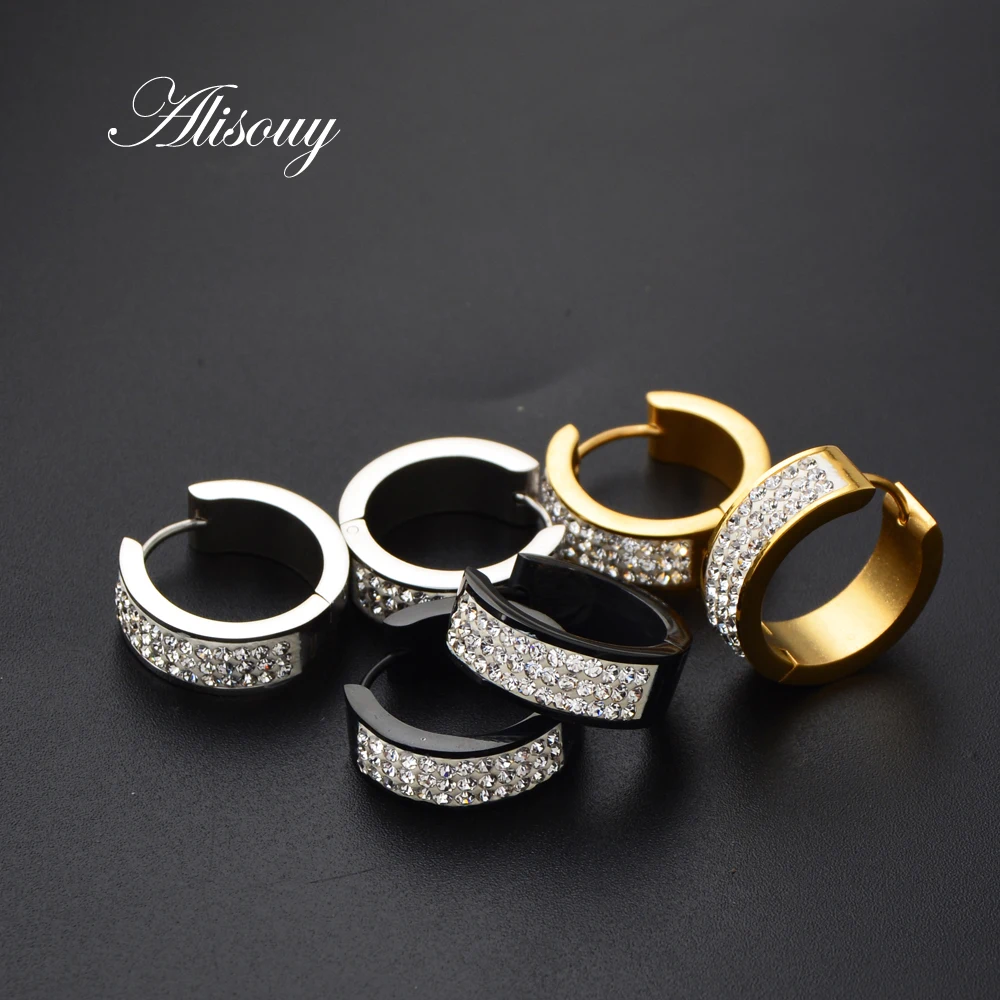 

Alisouy 1 Pair Punk Men Women Stainless Steel Hoop Earrings With Crystal CZ Gold Silver Round Hoop Huggie Earrings 6*7 6*9 6*16