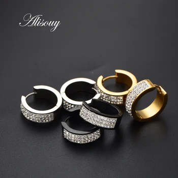 Alisouy 1 Pair Punk Men Women Stainless Steel Hoop Earrings With Crystal CZ Gold color Round Hoop Huggie Earrings 6*7 6*9 6*16