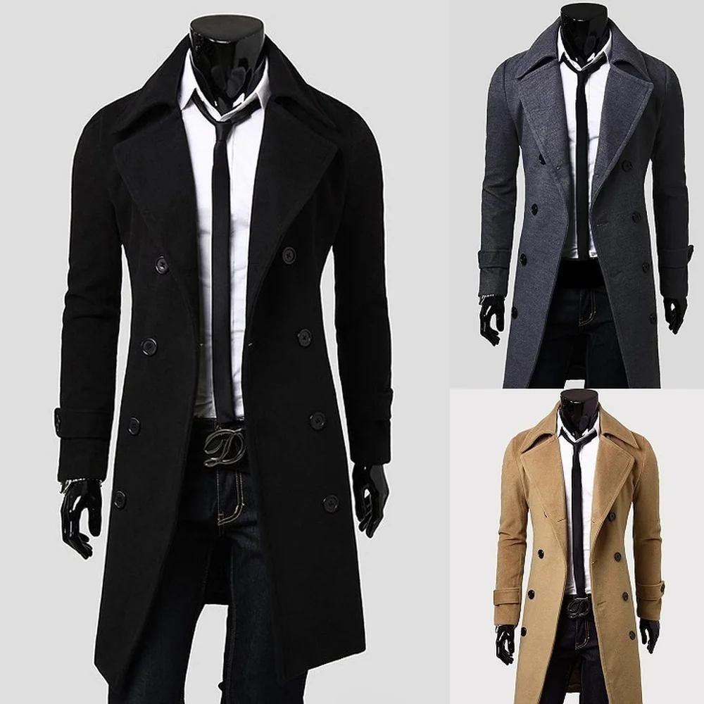 ZOGAA New Mens Long Coat Double Lines Buttons Lengthened Briefnessand ...