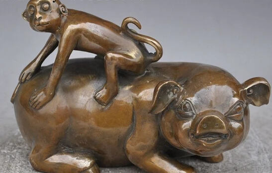 

3171 8 "Chinese Bronze Folk Feng Shui Tier Tierkreis-jahr Schwein Affe Statue Skulptur