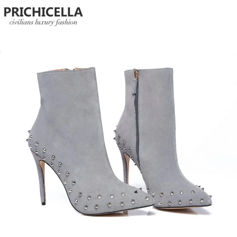 PRICHICELLA/ботильоны на тонком каблуке 10 см из натуральной кожи и серой замши с острым