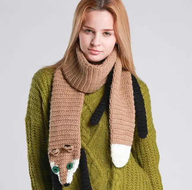 Fashion New Woman Manual Knitted Wool Scarf Fox Crocodile Cat Panda Cute Animal Pattern Female Fashion Winter Warm Long Scarves