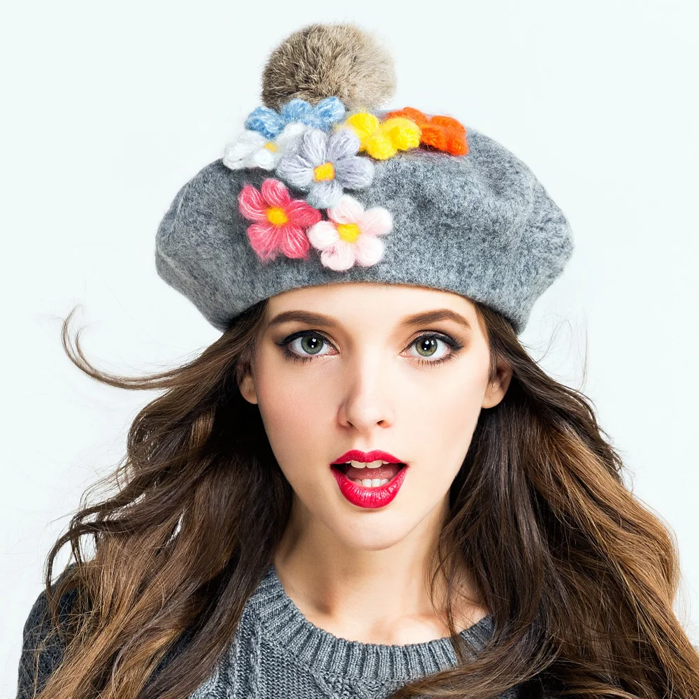 Top Fur Ball pom poms Beret Hat 
