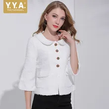 Осень, милая белая женская куртка, элегантная, с круглым отложным воротником, для офиса, твидовые короткие пальто, женская уличная одежда, подиум, Casaco Feminino