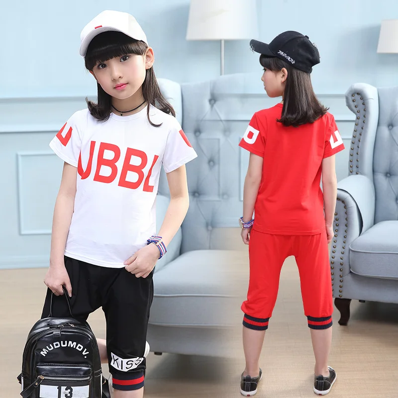 

Girls Clothing Kids Short Sleeved T-shirt + Pants 2Pcs Girls Sports Suit Set Children Cotton Clothes Letter Print