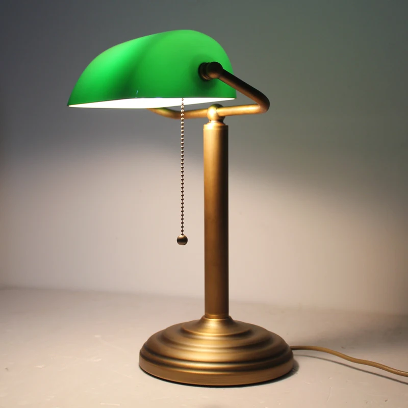 Full Copper brass Bankers table lamp desk light vintage antique green glass shade -in Table ...