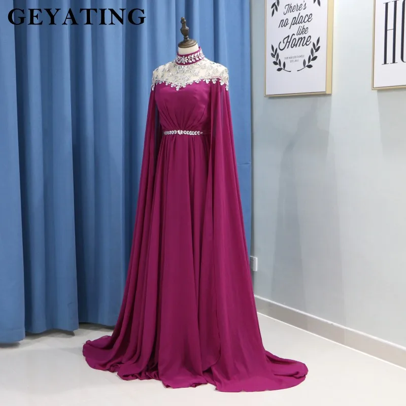Elegant High Neck Muslim Fuchsia Evening Dress Long Sleeves Crystal Arabic Kaftan Dubai Prom Dresses 2019 Long Black Formal Gown Elegant High Neck Muslim Fuchsia Evening Dress Long Sleeves Crystal Arabic Kaftan Dubai Prom Dresses 2019 Long Black Formal Gown