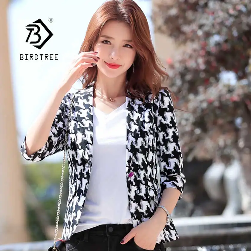 

New Women's Top Leopard Blazer Jacket Single Button Three Quarter Notched Split Female Lady Casual Coat Hot Sales C95028Z