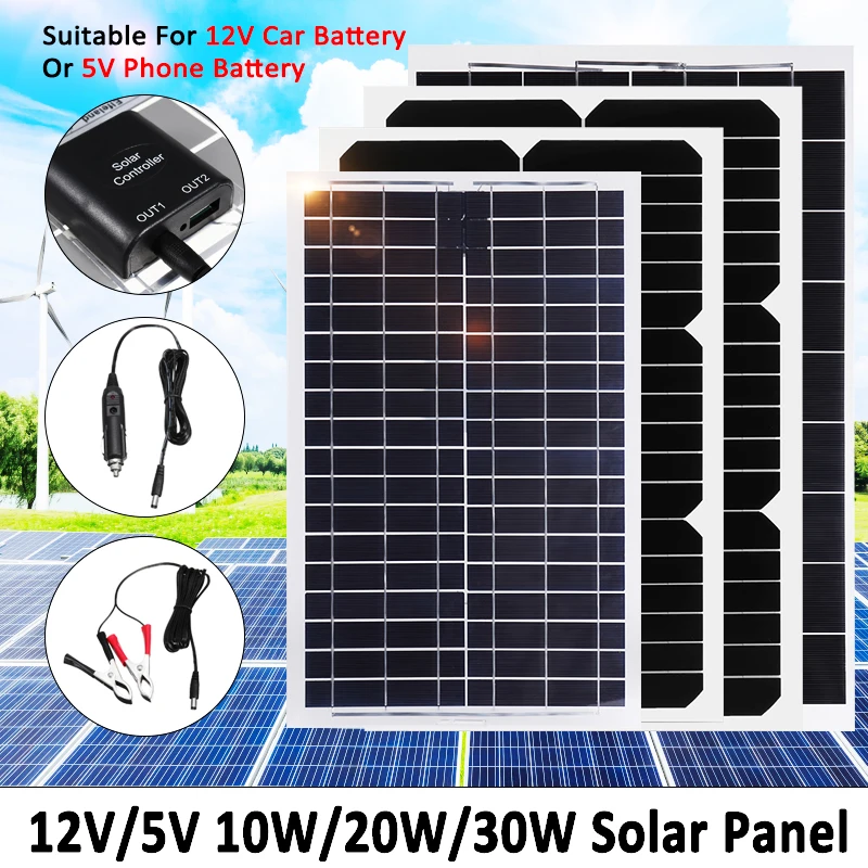 

Solar Panel Plate 12V/5V 30W 20W 10W Flexible Solar Charger For Car Battery 12V 5V Phone Battery Charger Panel Module Kit