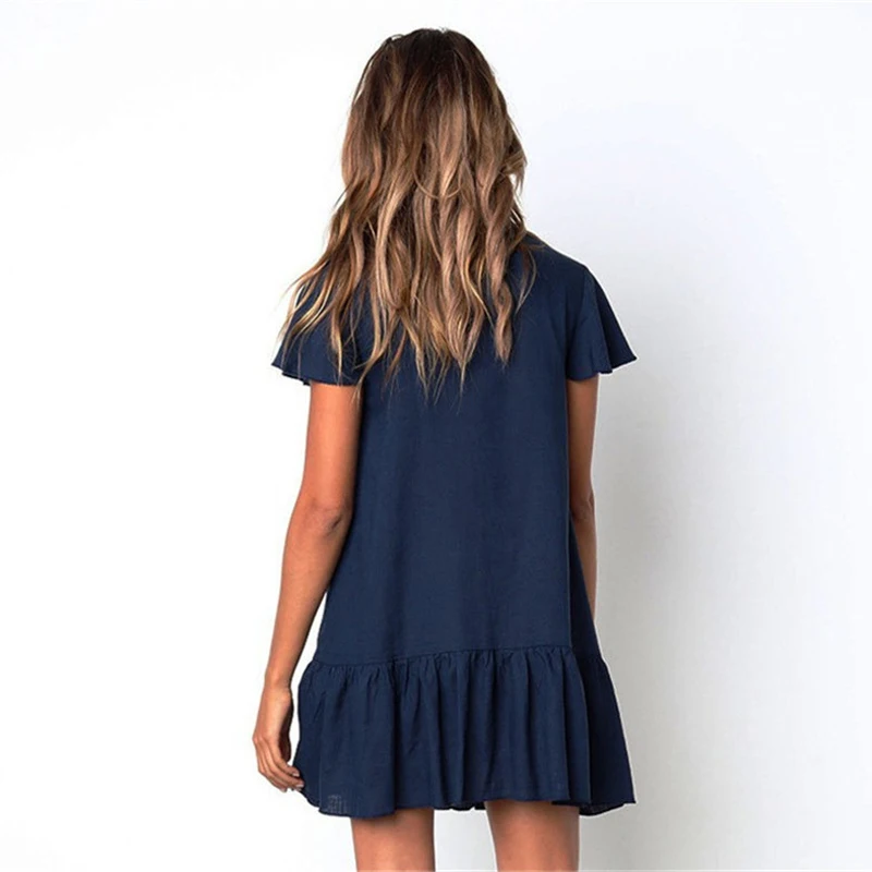 Single-breasted Short Sleeve Summer Dress Women Fashion Solid V-Neck Linen Party Dress New Plus Size Loose Casual Beach Vestidos