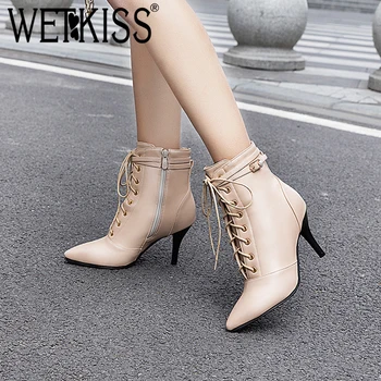 

WETKISS Solid Cross-Tied Women Ankle Boots Pointed Toe Zip High Heels Metal Decor Stiletto Heel Bootie Casual Party Female Shoes