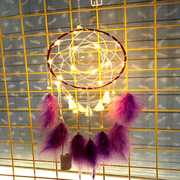 Dream Catcher DIY Home decoration Handmade led Lighting Moon Design Feather Craft Hanging Dream Catcher for Kids girls room Gift - Цвет: Фиолетовый