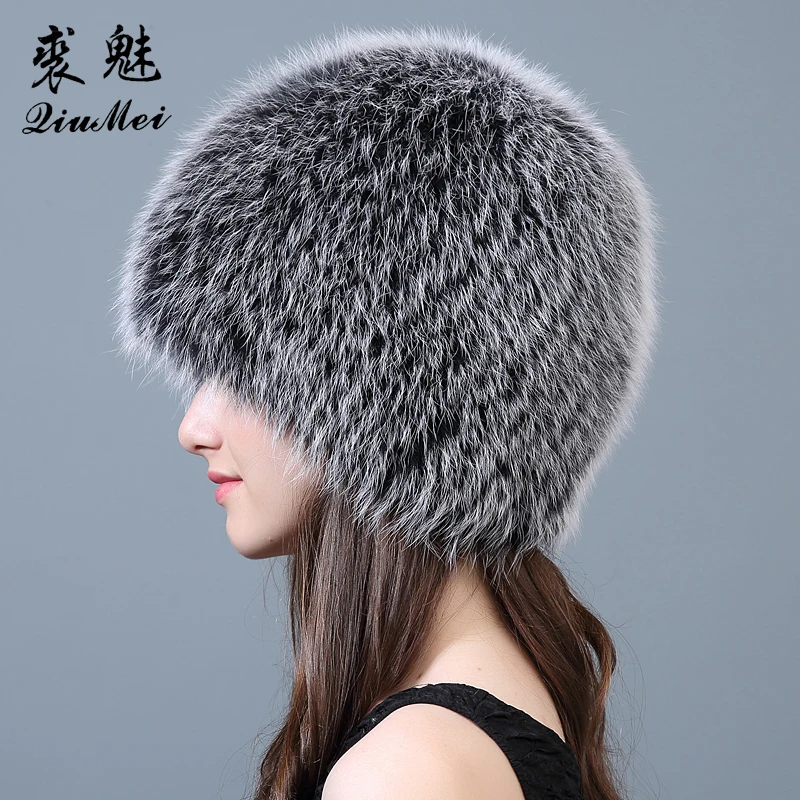 QiuMei gorros de piel de zorro Real de invierno gorras de piel de lujo elásticas de punto forrado genuino de piel de zorro mapache gorros de bombardero ruso - 3