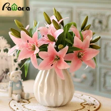 1 шт., 3 головки, настоящая на ощупь, искусственная лилия, цветы, Розовый Шелковый букет для дома, вечерние, свадебные украшения, декоративные цветы, венки