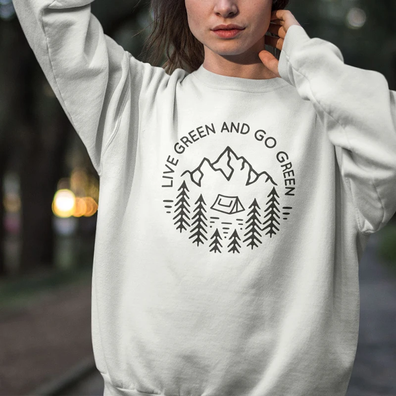 

Live Green and Go Green Women Sweatshirt Mountain Tree Funny Hoodie Spring Causal Long Sleeve Jumper Crewneck Top Drop Shipping