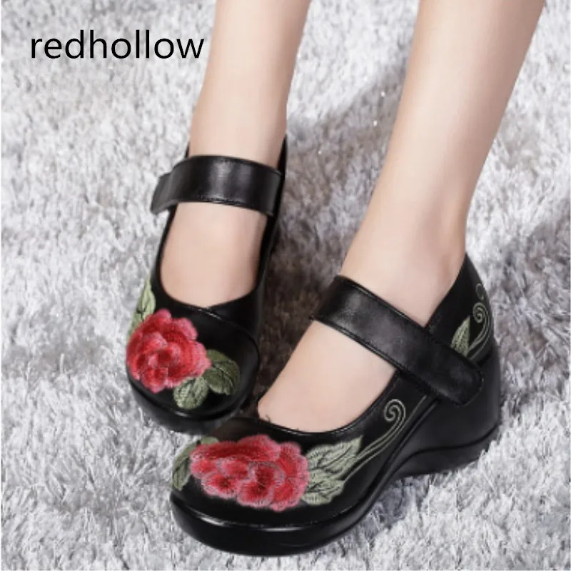 

2018 Women Thick Heels Sandals Closed Toe Flower Ethnic Style Handmade Genuine Leather Personalized Women oxford Sandal