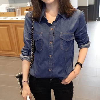 Korean Style Fashion Turndown Collar Denim Long Sleeve Shirt Women Spring Autumn Casual Blue Denim Shirt Tops Female Clothes turndown collar tartan print shirt