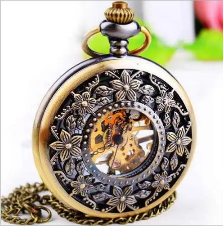 

Steampunk Bronze Copper Mechanical Pocket Watch flowers men and woman Mechanical pocket watch