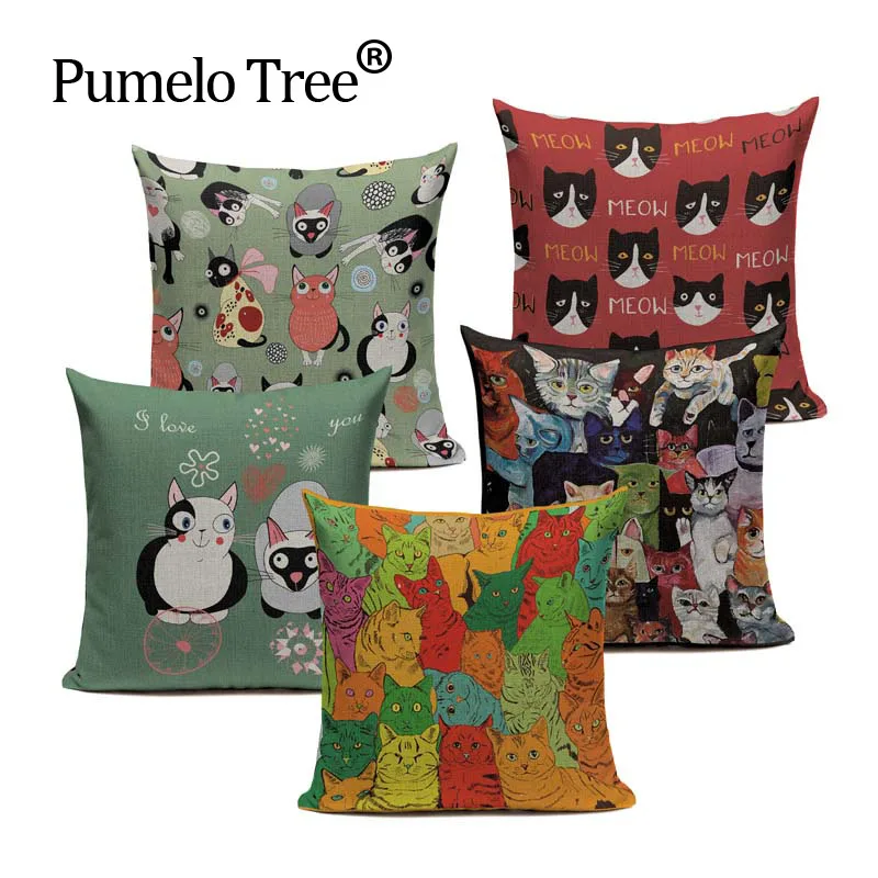 

High Quality Linen Cushion Cover Cartoon Cat Creative Animation Backrest pillowcase Square Car Sofa Home Decor Printed customize