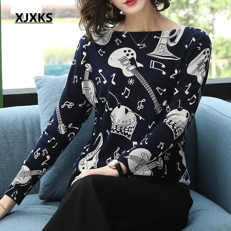 

XJXKS Sweaters Fashion 2018 Women Sweater Reactive Printing Music Note Pattern Jumper Casual Pullover Dropshipping