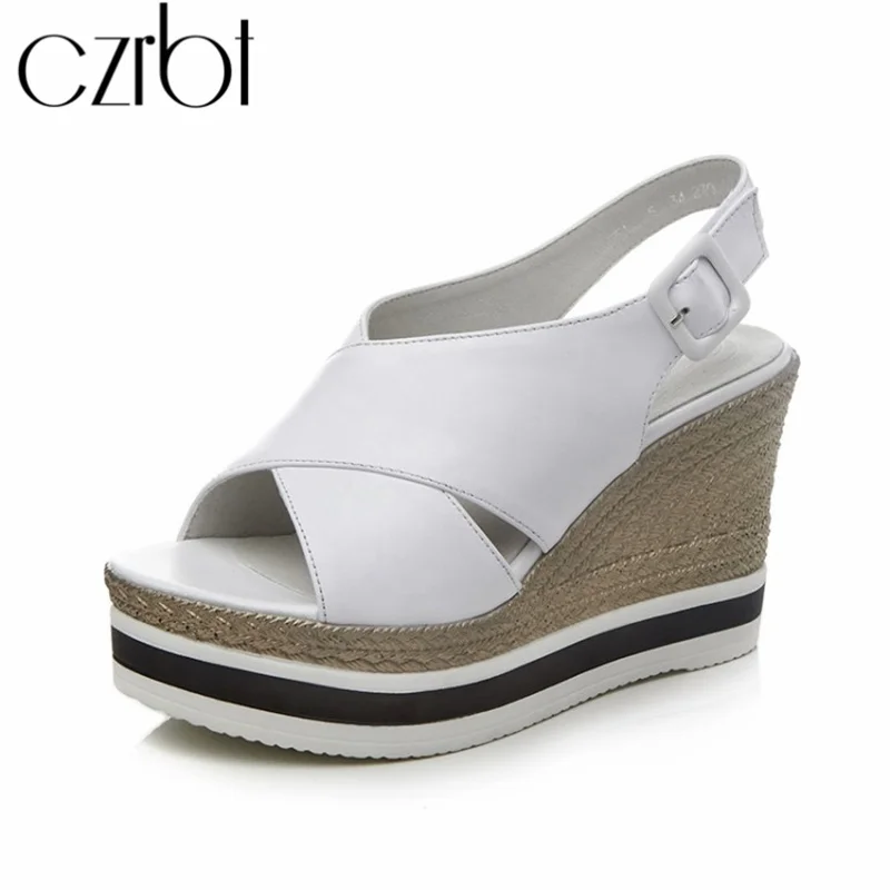 

czrbt 2019 Summer Shoes women Fashion Wedges Genuine Leather Buckle Women Sandals Casual chaussures femme zapatos de mujer