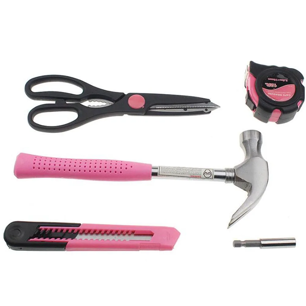Розовый 39 шт. набор ручных инструментов общий бытовой ремонт дома набор инструментов с пластиковыми инструментами чехол для хранения молоток плоскогубцы отвертка нож