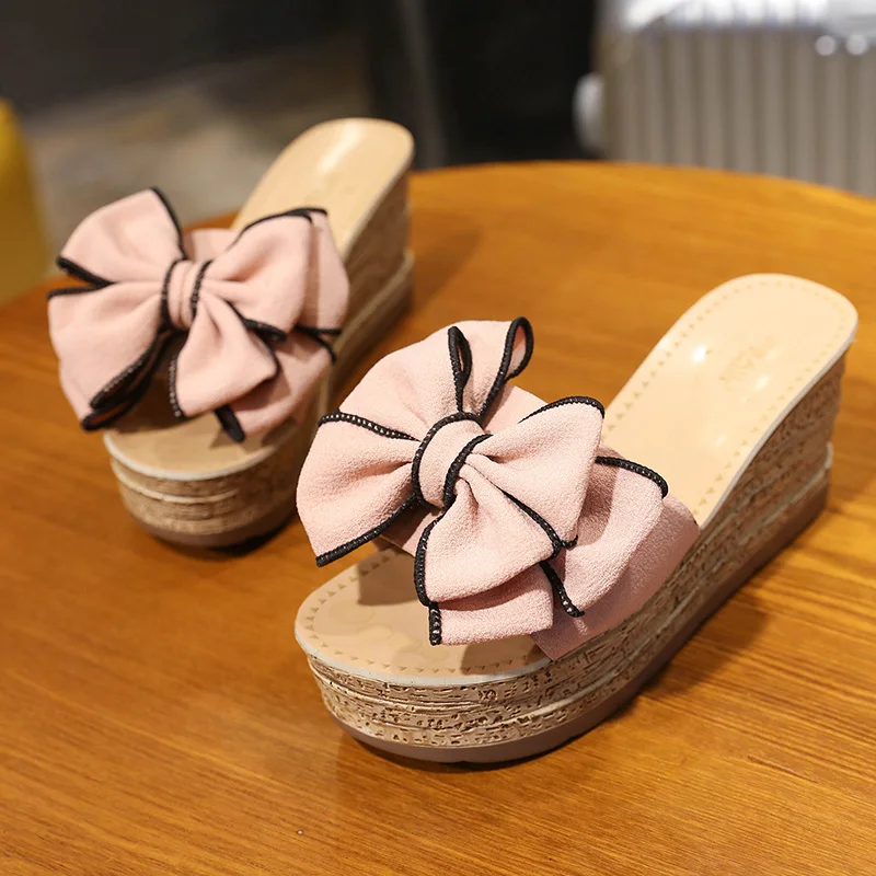 

YeddaMavis Slippers Women Sandals Womens Shoes Summer New Bow Women Wedges Slippers Non-slip Thick-soled Beach Women Shoes Woman