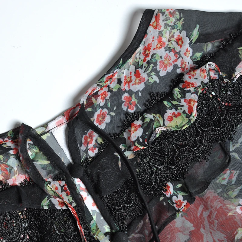 Long Dress 2019 Spring Summer High Quality Women O-Neck Charming Flower Print Lace Appliques Patchwork Long Sleeve Dress Maxi