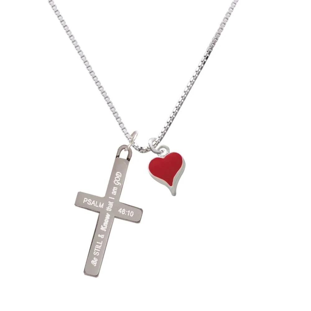 Small Long Red Heart - Be Still and Know - Cross Necklace