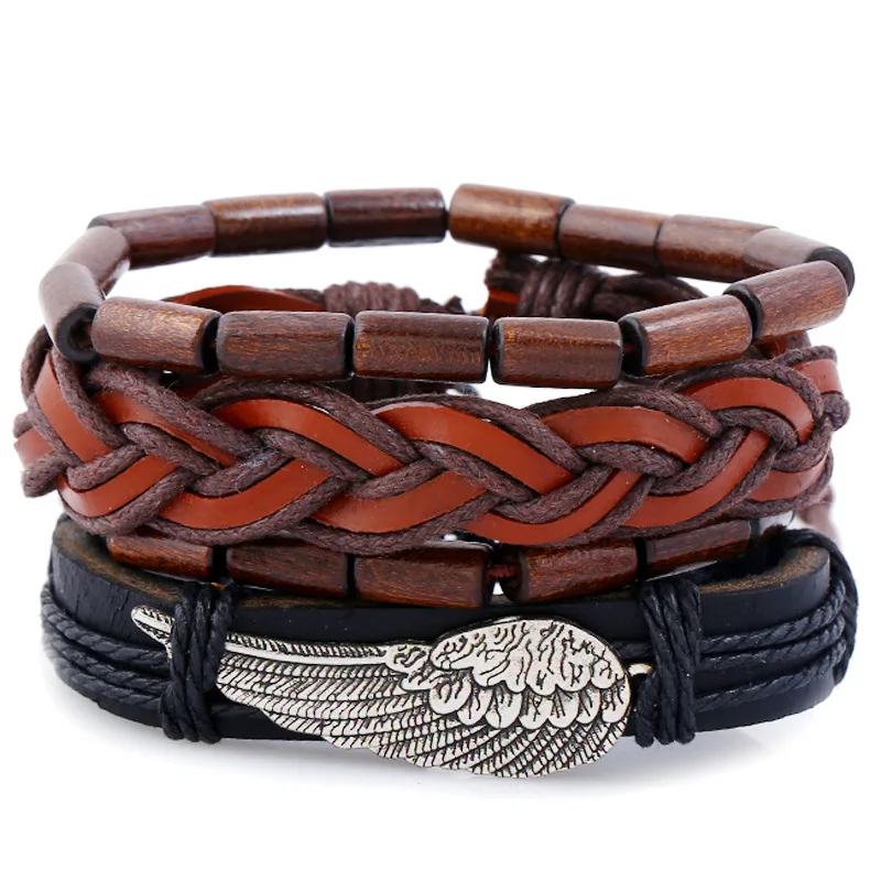 

Vintage Leather Men Bracelet stainless steel Angel wing Wrap Bracelet Handmade wood Punk Bracelets Bangles Fashion Jewelry 2019
