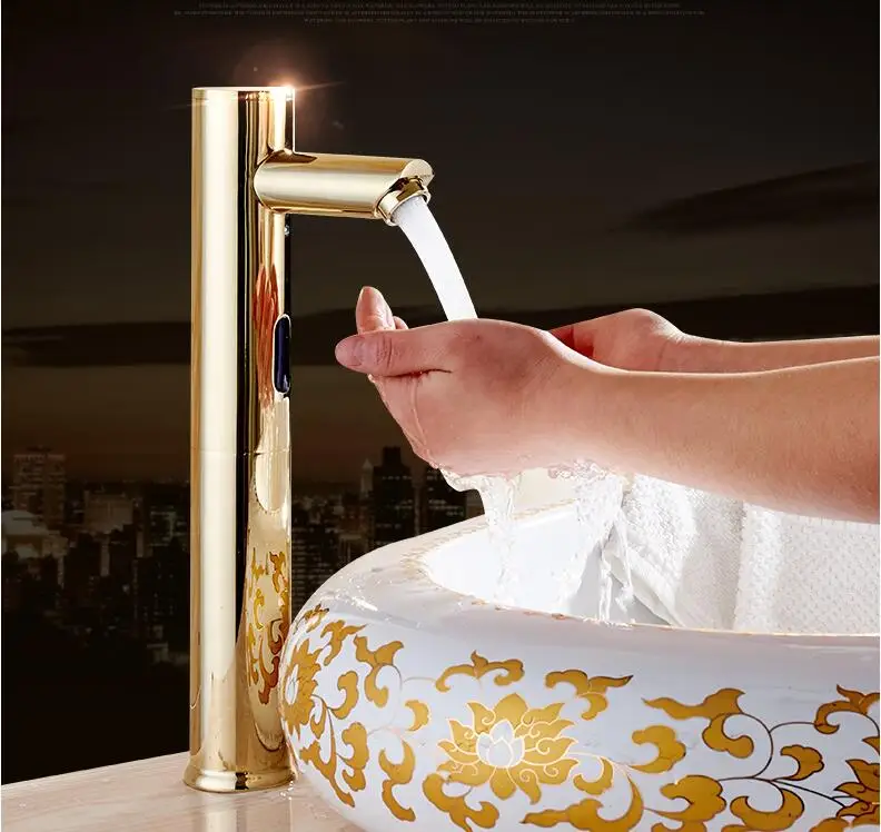 US $70.92 Brass Bathroom Sink Faucet Basin Faucet Automatic Sensor Mixer Touch Free Sensor Gold Faucet Single Cold Automatic Hands Tap