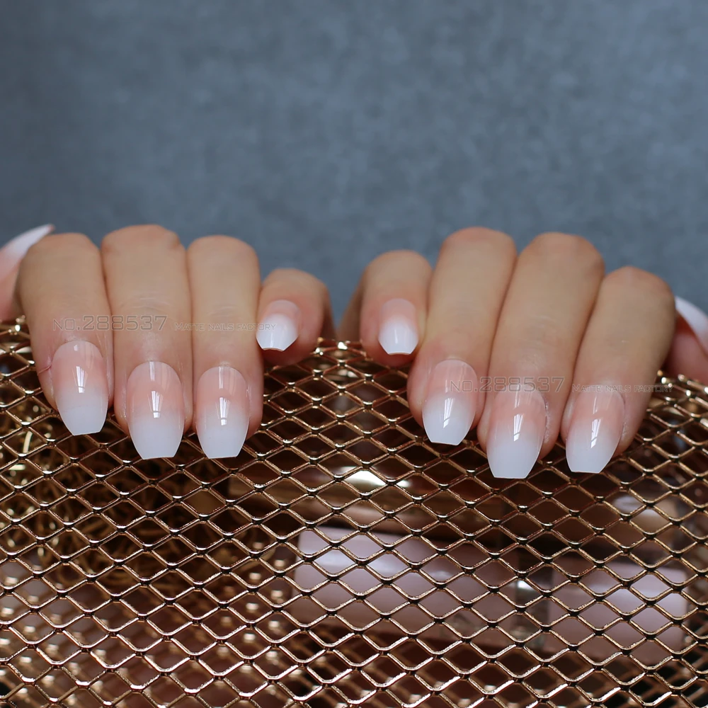 Jelly nude white gradient coffin fake nails stiletto nails lovely pink medium nature False nails Full Nail end product 24pcs