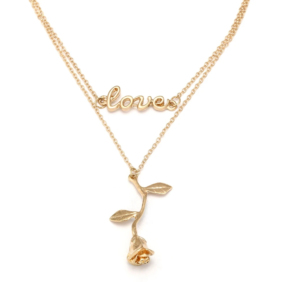 

Vintage Rose Flower Pendant Necklace Love Letter Gold Color Multilayers Necklaces For Women Charm Bohemia Jewelry Bijoux