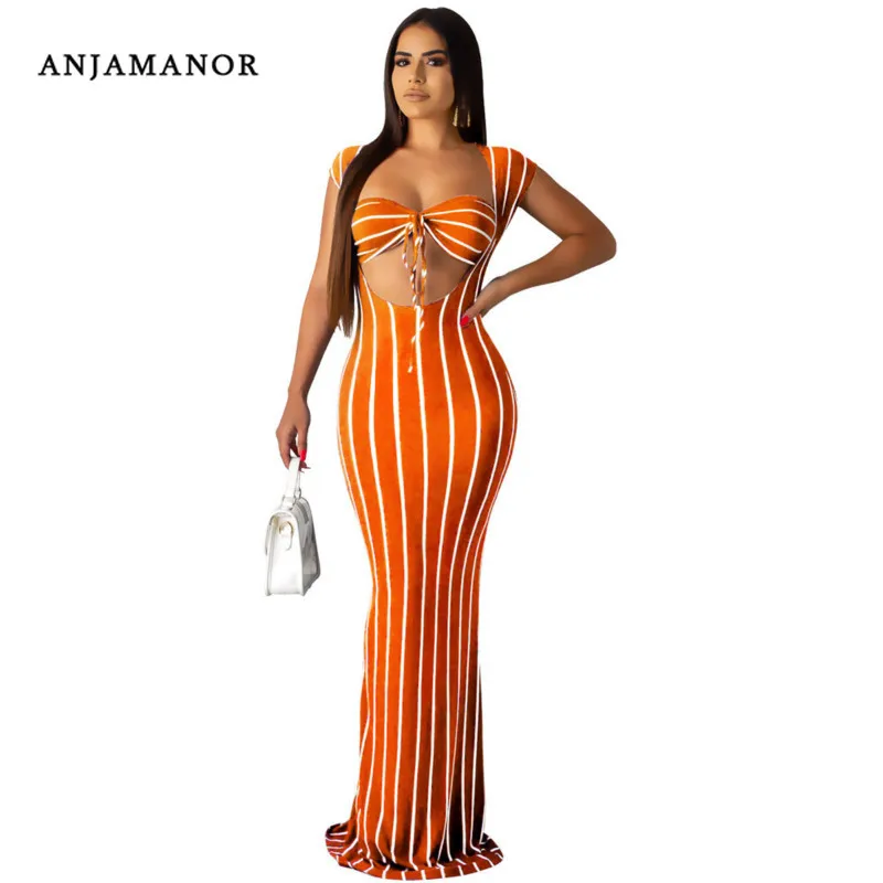 

ANJAMANOR Sexy Striped Orange Bodycon Maxi Dress Women 2 Piece Set Hollow Out Night Club Party Dress Fashion Clothes D74-AD17