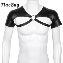 TiaoBug Мужской мягкий кожзаменитель короткий рукав вырезанный мышцы половина майка металлические уплотнительные кольца Горячая Клубная одежда сценический сексуальный костюм укороченный топ