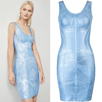 

New Fashion Light Blue Foiling Print Rayon Bandage Dress Sexy Evening Party Bodycon Dress