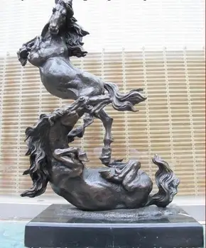 

China Pure Bronze Marble Two Horse Struggle Art statue