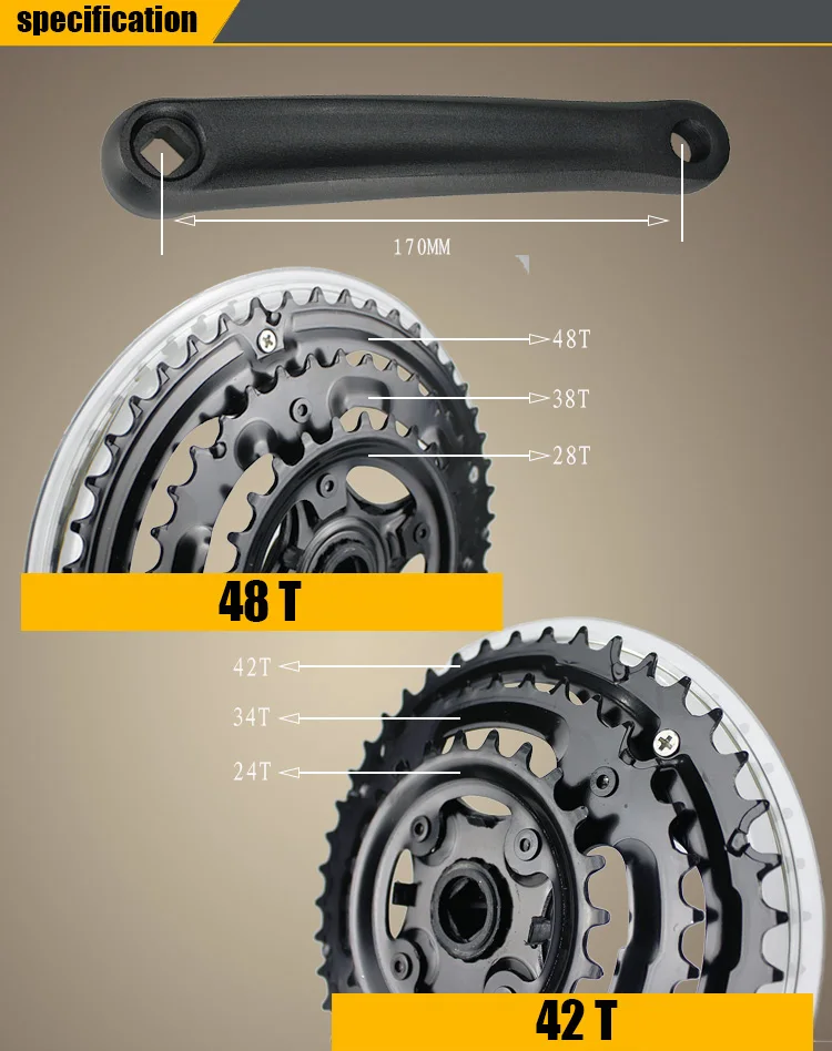 Квадратный шатун для горного велосипеда 7-9 скорость 24-34-42T 28-38-48T из алюминиевого сплава, кривошипная цепь, колесо, цепное кольцо 170 мм с нижним кронштейном