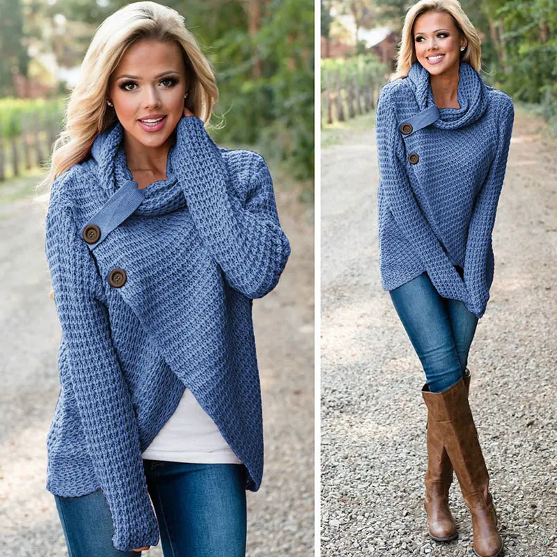 

New Autumn Winter Women Long Sleeve Sweater Scarf Collar Solid Warm Knitted Sweater Women Turtleneck Sweaters Tops Christmas