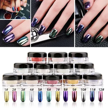 

12 Boxes Magic Mirror Chrome Effect Dust Shimmer Nail Art Powder 12 Colors + 12 Brushes Hot New Drop Shipping Wholesale
