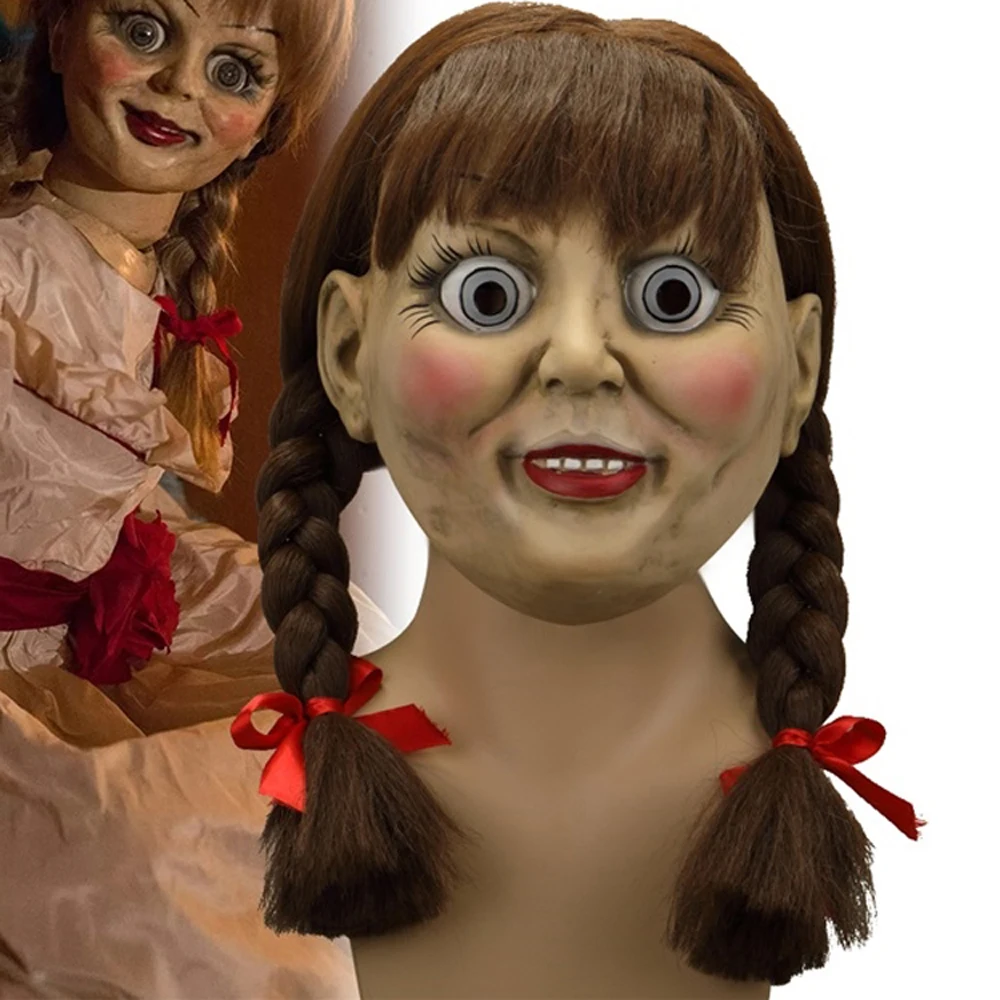 

2019 Horror Movie Annabelle 3 Comes Home Cosplay Mask Scary Creepy Doll Full Head Latex Wigs Ponytails Props Party Halloween