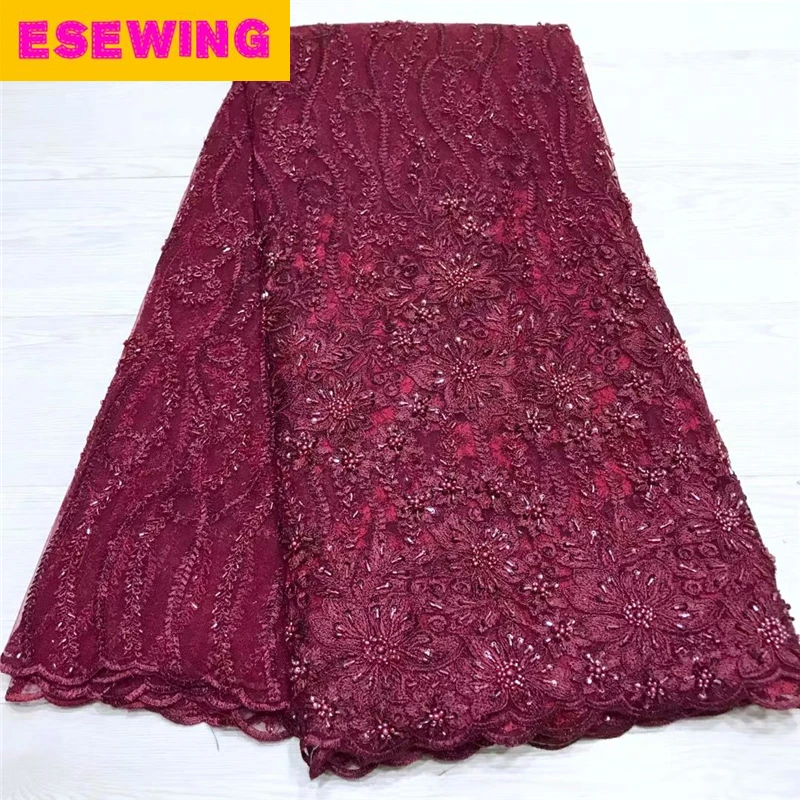 

ESEWING African French lace fabric high quality embroidered Nigerian net lace with stones fabric 5 yards for lady dress fuchsia