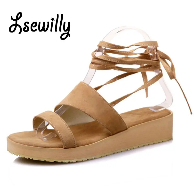 

Lsewilly 2017 new summer bohemia lady cross-tied shoes woman platform sandals lace-up comfortable solid color women sandals sc45