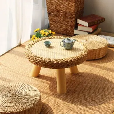 Азиатский стиль, японский стиль, Круглый ротанговый стол, традиционная азиатская мебель для балкона, гостиной, низкий пол, журнальный столик, деревянный - Цвет: 1 Table  2 cushion A