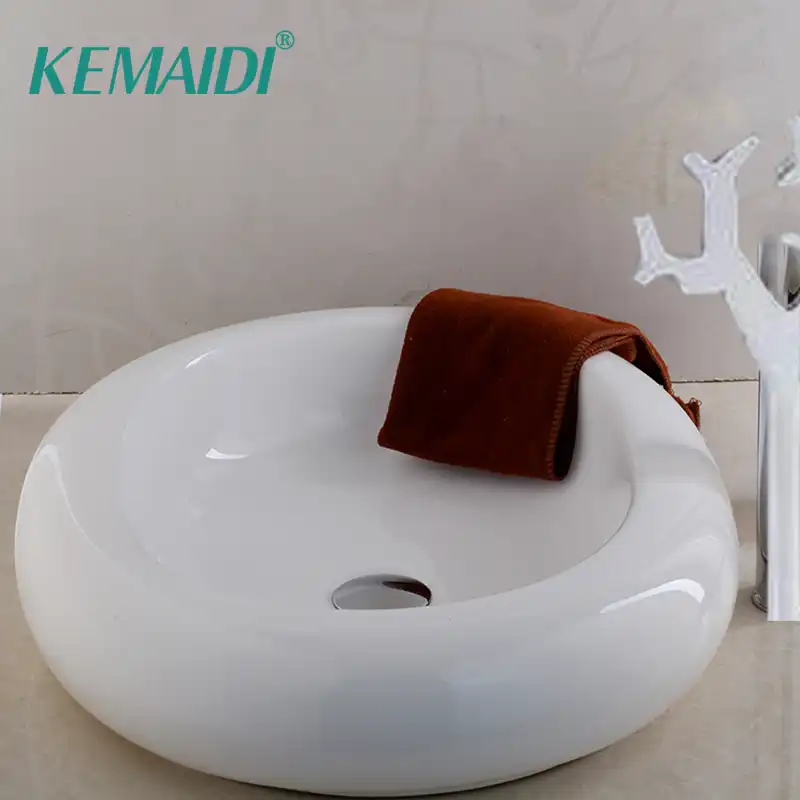 Kemaidi Bathroom Round Ceramic Vessel Sink White Square Basin Bowl